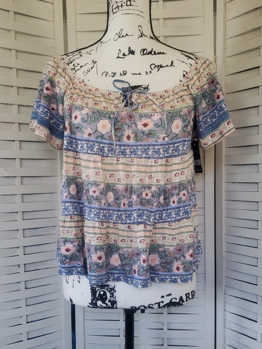 Lucky Brand Floral Peasant Top with Blue Trim - Women New